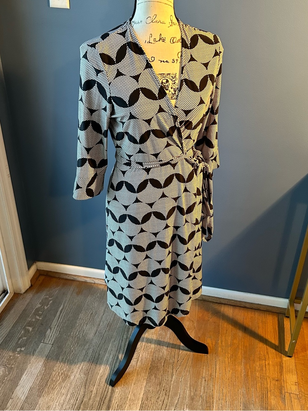 Diane von Furstenberg Black and White Checked wrap Trim Silk Dress
